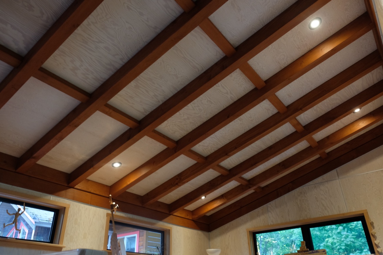 Exposed timber ceiling beams with recessed lighting, Sooke River Studio interior